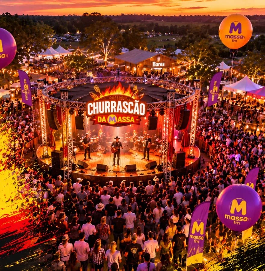 Palco 360° cercado pelo público ao entardecer