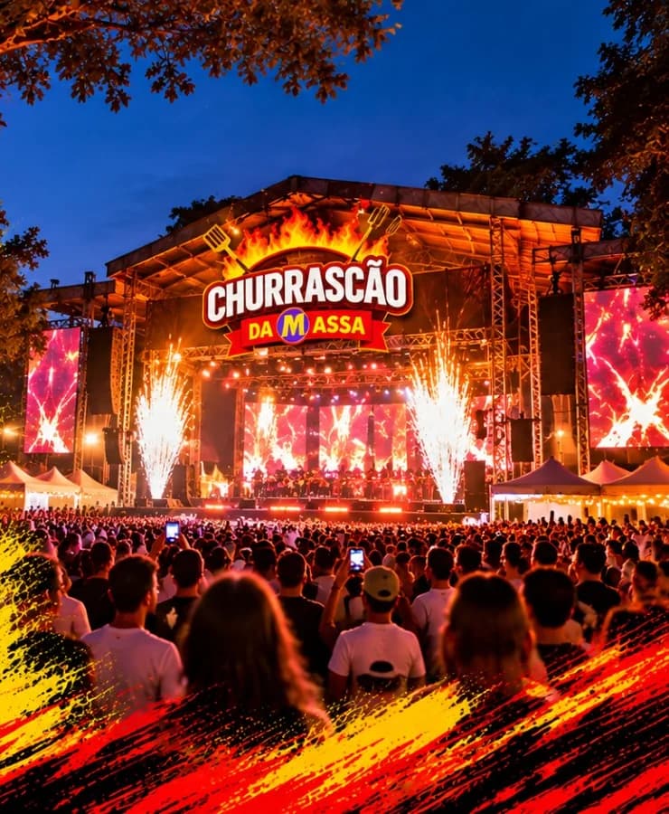 Palco do Churrascão da Massa iluminado, com o público à frente